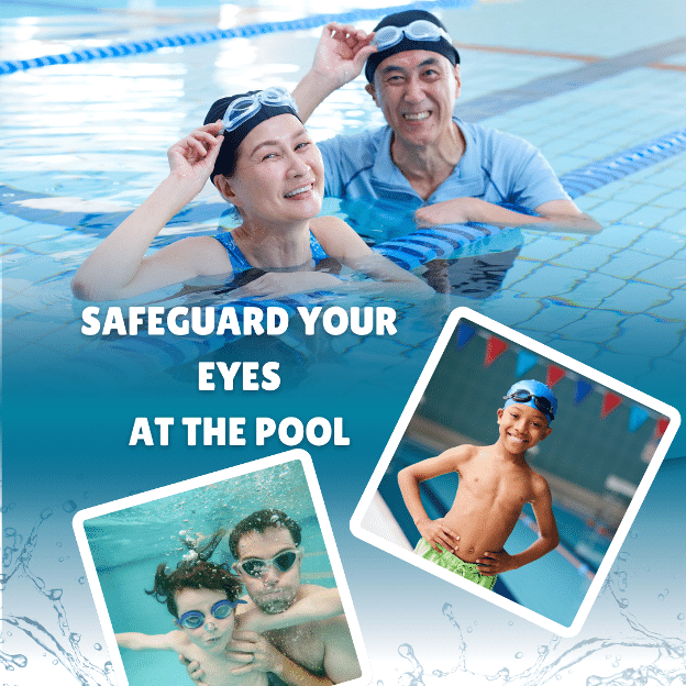 Kids and adults in the pool with goggles on.